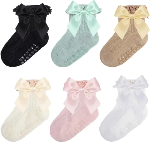 Miniatura 9 de Calcetines para bebé niña con agarre antideslizante con volantes con lazos, algodón suave, calcetines con empuñaduras para bebé recién nacido