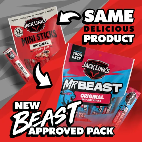 Miniatura 3 de Jack Link's x MrBeast - Mini palitos de carne seca de res originales – Snacks de proteína envueltos individualmente – 0.25 oz de proteína por