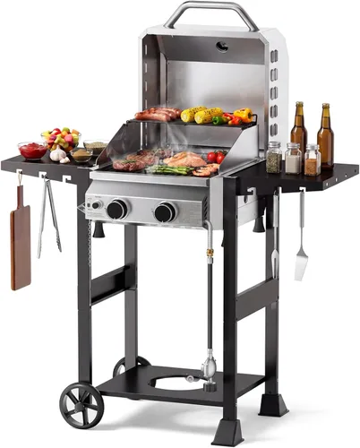 Electactic Parrilla de gas propano de 2 quemadores, parrilla de barbacoa de acero inoxidable de 16,000 BTU con mesas laterales plegables, diseño
