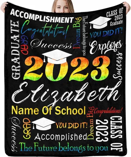 Miniatura 16 de Decoraciones de graduación 2023, manta de regalo para ella, él, felicitaciones 2023, azul oscuro, manta de graduado con nombre personalizado, No.11