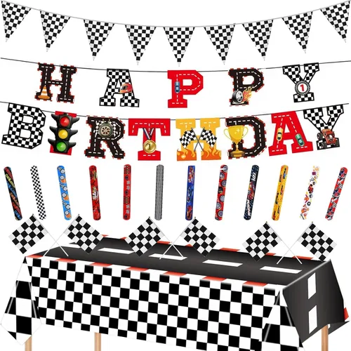 Miniatura 8 de YANMIN Decoraciones de fiesta de cumpleaños de autos de carreras, pancarta de feliz cumpleaños de auto de carreras, manteles de carreras de 54 x 108