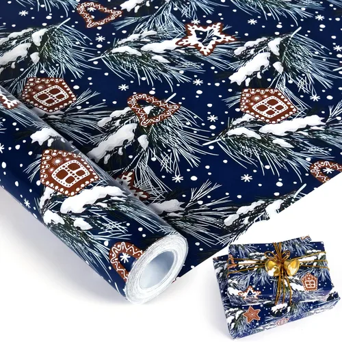 Miniatura 15 de Rollo de papel de regalo de Navidad, rollo de papel kraft vintage, 17 pulgadas x 49 pies, copos de nieve, hojas/bayas de acebo, papel de regalo