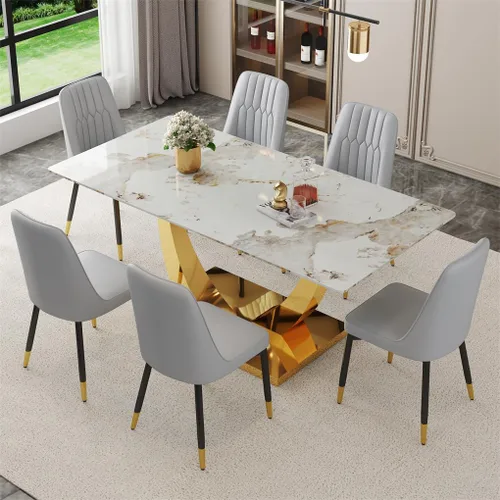 Miniatura 49 de Juego de mesa de comedor para 4, mesa de comedor de mármol sintético de 63 pulgadas con patas y base de acero inoxidable, sillas acolchadas