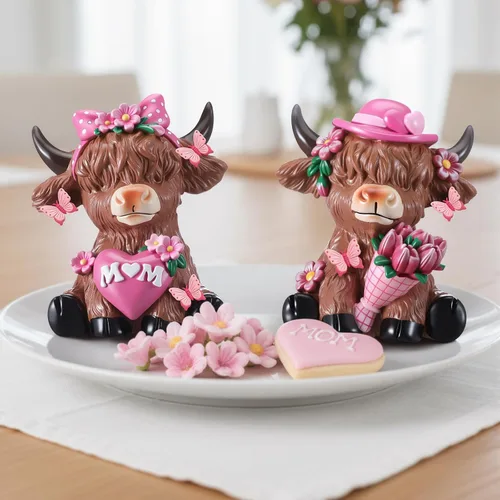 Miniatura 7 de Karenhi 2 piezas de figuritas de vaca de las Tierras Altas para el Día de la Madre, figuritas de gnomo de vaca con flores y corazón de MADRE