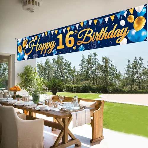 Miniatura 7 de Cartel grande de feliz cumpleaños número 16, cartel de cumpleaños azul dorado 16, suministros de decoración de fiesta de 16 años para niños y niños