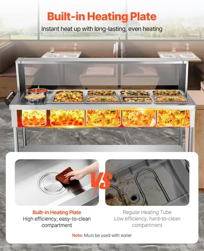 Miniatura 2 de VEVOR Calentador de Alimentos Eléctrico Comercial, 7 Bandejas + 2 Ollas Mesa de Vapor, 1800W Calentador de Alimentos Profesional para Buffet