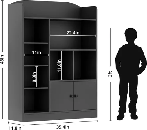 Miniatura 2 de DIYART Estantería negra para niños, estantería para niños con 7 cubos y 2 gabinetes, estantes independientes de almacenamiento para dormitorio, sala