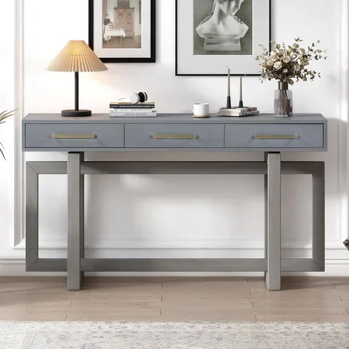 Miniatura 3 de Moderna mesa consola con 3 cajones de almacenamiento y mango de metal, elegante mesa de entrada de madera extra larga para pasillo, sala de estar