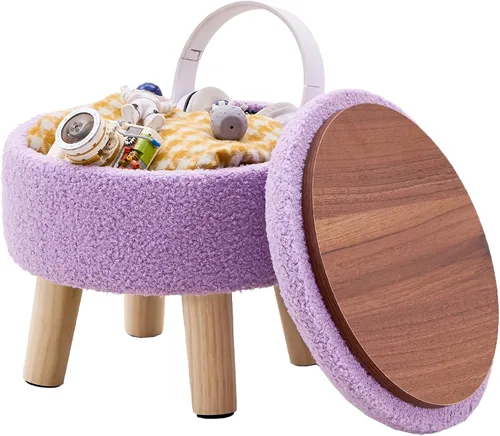 Miniatura 17 de Wimarsbon Otomana de almacenamiento, moderno reposapiés redondo con asiento acolchado suave, reposapiés de terciopelo teddy con patas de madera