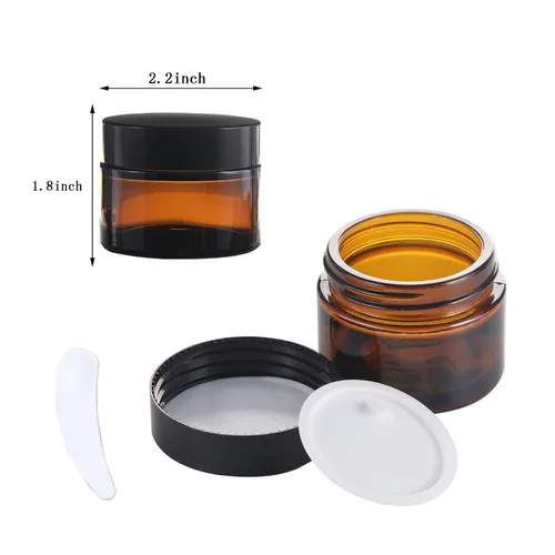 Miniatura 6 de 2oz Frasco de vidrio ámbar de tamaño para viajes, 4 piezas de envases vacíos para loción cosmética con tapa negra y espátula, frasco mini pequeño