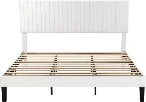 Miniatura 9 de Allewie Base de cama tamaño King, plataforma tapizada de terciopelo con cabecera capitoné de canal vertical ajustable, base de colchón con listones