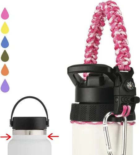 Miniatura 8 de Paracord Handle for Hydro Flask Water Bottles Standard/Wide Mouth, Strap Holder with Safety Rubber Ring & Carabiner, Easy to Carry and Durable Rosado