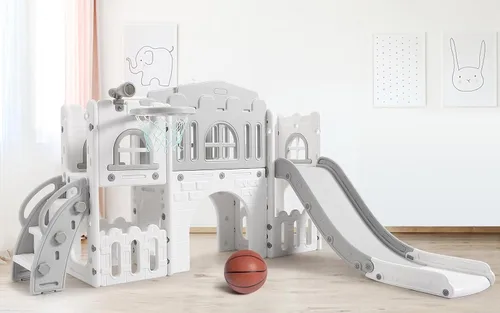 Miniatura 7 de Juego de actividades para niños pequeños 8 en 1, incluye tobogán, escalador, aro de baloncesto, túnel, telescopio, volante y almacenamiento,