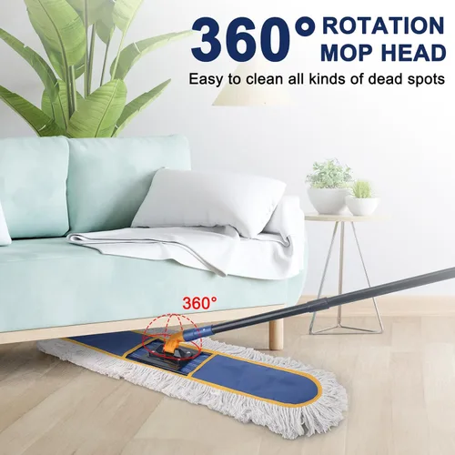 Miniatura 3 de Trapeador de polvo comercial de 24 pulgadas para limpieza de suelos, plumero resistente con 2 almohadillas de algodón reutilizables, mango largo