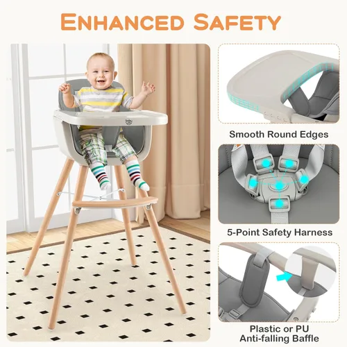 Miniatura 4 de BABY JOY Trona convertible para bebé, 3 en 1, silla alta/elevado/asiento de madera con bandeja extraíble, patas ajustables, arnés de 5 puntos, cojín