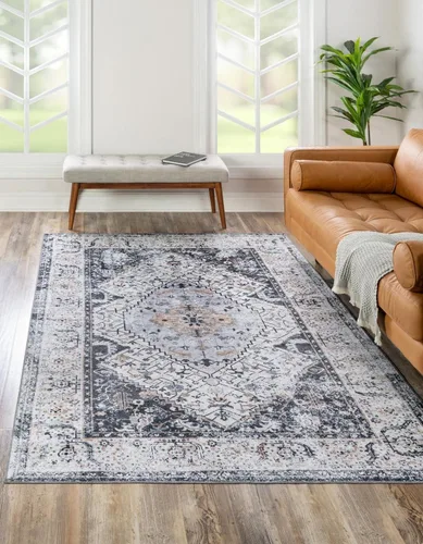 Unique Loom Yara Collection - Alfombra de área Yash (2' x 3' Rectángulo, Lino Carbón/Beige)