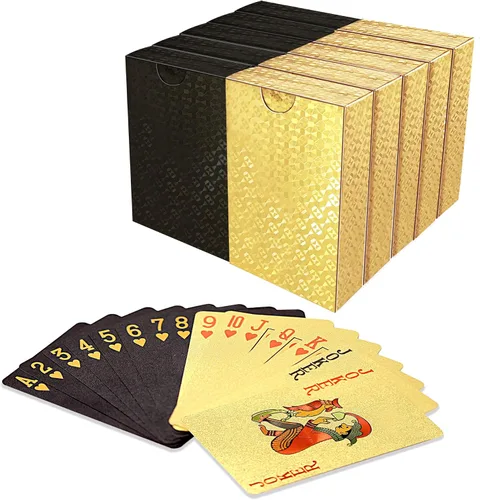 10 Paquetes de Cartas de Juego - 5 Negras 5 Doradas HD, 54 Cartas de Póquer Estándar de Plástico Impermeable para Fiestas Familiares | naipes de oro