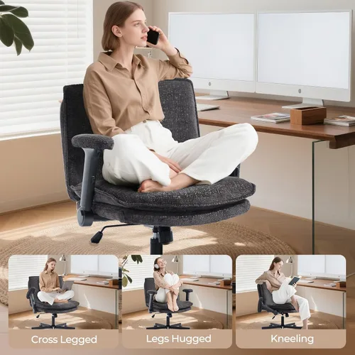 Miniatura 5 de Silla Cruzada con Brazos Abatibles y Ruedas con Bloqueo, Silla de Escritorio de Oficina de Tela de Felpa con Patas Cruzadas, Silla Giratoria de Negro