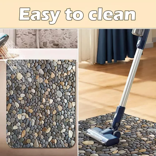 Miniatura 5 de Alfombra de baño con estampado de piedra de guijarro, antideslizante, lavable, patrón de adoquines, tapete de baño pequeño con parte trasera