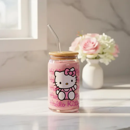 Miniatura 8 de Silver Buffalo Sanrio - Vaso de vidrio rosa con tapa de bambú y sorbete de vidrio de Hello Kitty, 16 onzas Hello Kitty Agitando