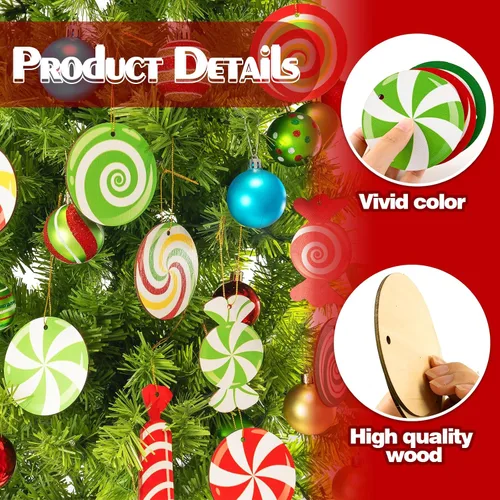 Miniatura 6 de 33 piezas de adornos de bastón de caramelo de menta para árbol de Navidad - Coloridos adornos colgantes de caramelo en palo de madera para árbol