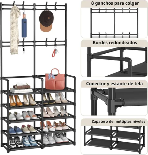 Miniatura 7 de Laiensia Perchero de entrada de 5 niveles, perchero para abrigos y zapatos, organizador de almacenamiento con banco de entrada y 8 ganchos para Negro