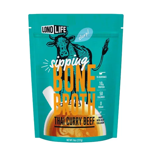 LonoLife - Sobres individuales de caldo de hueso de ternera al curry tailandés: 0.35 onzas de proteína, apto para dieta Keto, recipiente a granel de