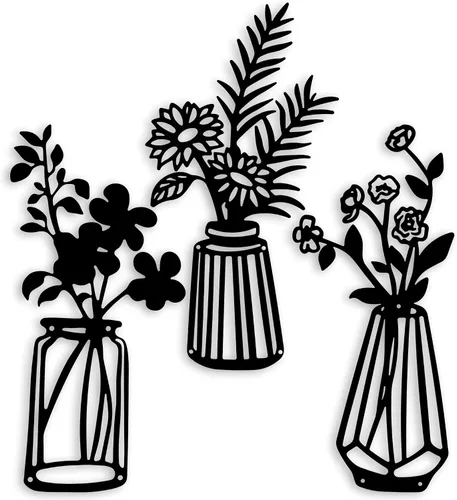 Qzmaikoo 3 piezas de flores de metal negro para decoración de pared, jarrón, esculturas artísticas para colgar en interiores, cocina, baño, comedor,