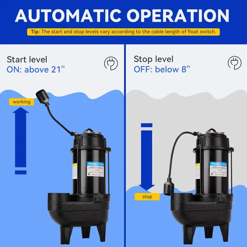 Miniatura 6 de Acquaer 3/4HP Bomba sumergible de efluentes de aguas residuales, hierro fundido, interruptor de flotador automático amarrado de 115V 6400 GPH, bomba