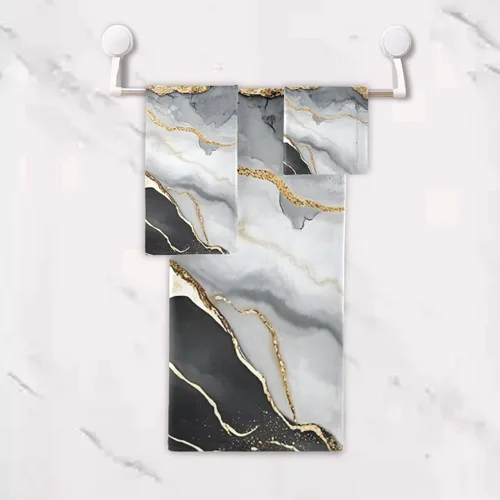 Miniatura 4 de Juego de toallas de baño para baño, toallas de mano, toallas de mano con diseño de mármol dorado y negro, 3 piezas, algodón decorativo, absorbente