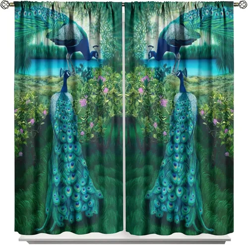 Miniatura 25 de Cortina opaca con estampado de pavo real, con estampado de animales retro, con bolsillo para cortinero y flores de peonía doradas, para dormitorio