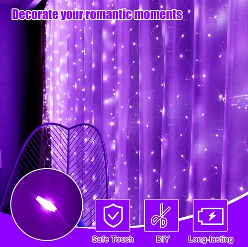 Miniatura 6 de Luz de Cortina Morada para Dormitorio, 300 LED 9.8 pies x 9.8 pies Luz de Cortina de Hadas para Ventana con 16 Ganchos, Control Remoto de 8 Modos