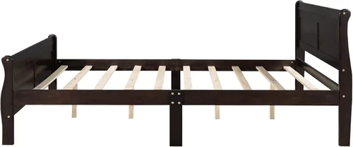 Miniatura 8 de Cama de plataforma de madera maciza tamaño matrimonial con cabecera y estribo de trineo, base de cama de plataforma de madera completa con Espresso