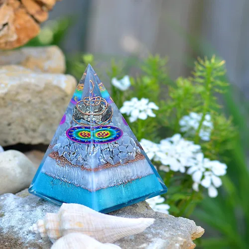Miniatura 10 de Juego de pirámide de orgón y piedra de palmera de horóscopo, cristal curativo de acuario, signo del zodiaco, hecho de pirita y angelita para calma
