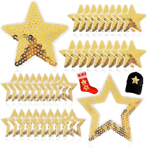 Funcolor 36 parches de estrellas de lentejuelas doradas con ribete blanco, plancha/coser para ropa, jeans, reparación de vestidos y decoración