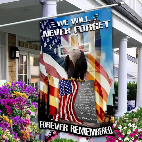 Miniatura 10 de Bandera de jardín 911 Never Forget de 12 x 18 pulgadas con texto en inglés "American We Remember 9/11", bandera de jardín del Día del Patriota
