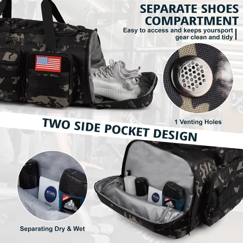 Miniatura 7 de Bolsa táctica de gimnasio para hombres, 50L grande 3 en 1 bolsa deportiva con compartimento para zapatos para viajes, mochila de viaje resistente al