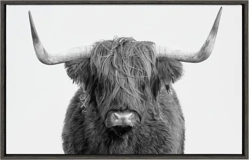 Kate and Laurel Sylvie Highland Cow - Lienzo enmarcado para pared, 23 x 33 pulgadas, color gris, decoración de pared rústica para sala de estar,