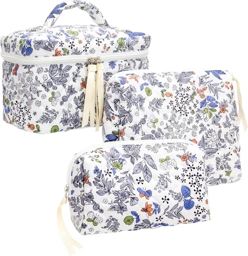 Miniatura 57 de PAZIMIIK - Bolsa de maquillaje de algodón para mujer, grande, acolchada para viaje, Rosa (Bow Pink), Vintage