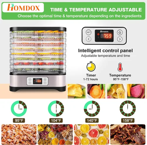 Miniatura 5 de Homdox Deshidratador de alimentos para carne seca y frutas, 8 bandejas sin BPA, temporizador de 72 horas y control de temperatura de 158 °F, máquina