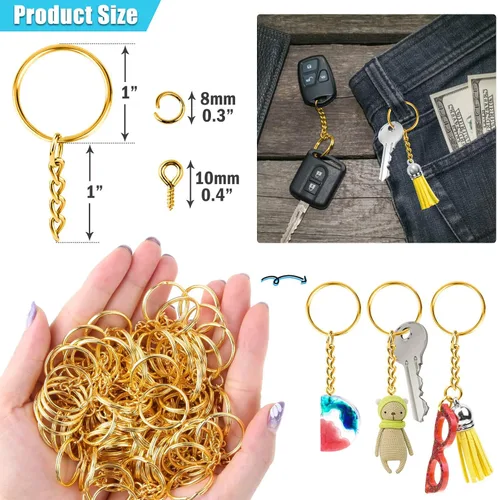 Miniatura 6 de PAXCOO - Kit de anillos para manualidades dorados, incluye 100 llaveros divididos con cadena, 100 anillos de salto y 100 pines de ojo de tornillo