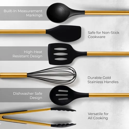 Miniatura 7 de STYLED SETTINGS Juego de Utensilios de Cocina Negros y Dorados – 8 Piezas de Utensilios de Cocina de Silicona con Mangos Dorados, Soporte