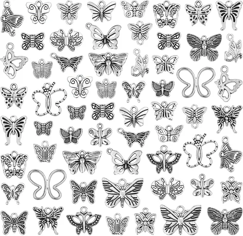JIALEEY Dijes de mariposa para hacer joyas y manualidades, 60 dijes de mariposa chapados en plata tibetana, aleación, Aleación.