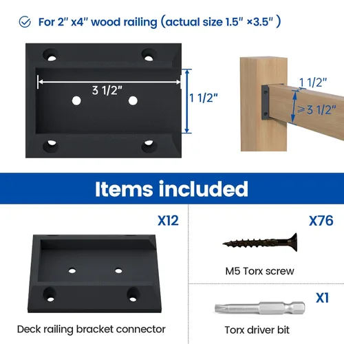Miniatura 2 de Muzata 12 Piezas Soportes de Barandilla de Cubierta Conectores Kit de Soporte de Riel para Poste de Madera 2x4 (1.5"×3.5") Soporte de Riel