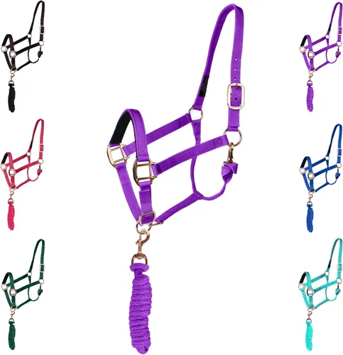 Miniatura 11 de Majestic Ally Cabestro con cuerda de plomo para caballos, barbilla ajustable y corona, pestillo de garganta enrollado con broche reemplazable, banda