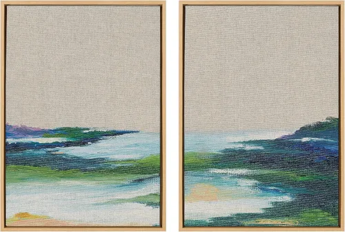 Kate and Laurel Sylvie Lake Huron I and II - Juego de arte de pared de lino neutro enmarcado por Nikita Jariwala; 2 piezas de 23 x 33 pulgadas,