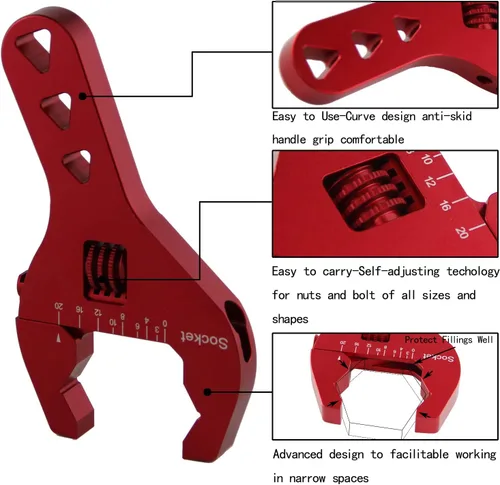 Miniatura 3 de AN3-20 Llave AN compacta ajustable de aluminio Llave universal con mango corto (rojo, AN3-AN20)