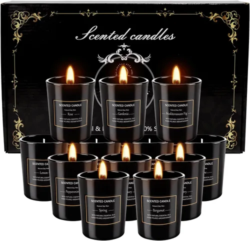 Miniatura 4 de Paquete de 12 velas perfumadas negras de regalo, velas de aromaterapia de cera de soja natural para el hogar, 12 fragancias, perfectas para aliviar