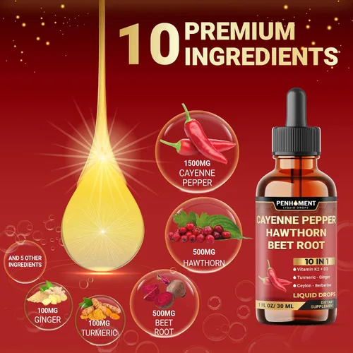 Miniatura 3 de 10 en 1 3000 mg de pimienta de cayena espino baya vitamina D3 K2 raíz de remolacha jengibre gotas líquidas y más – Apoyo a la digestión – 1 onza