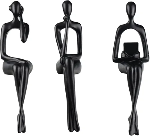 SHENGTIAN Escultura de lectura de resina, estatua de pensador sentado negro, esculturas abstractas, detalles de decoración de estantería, oficina en